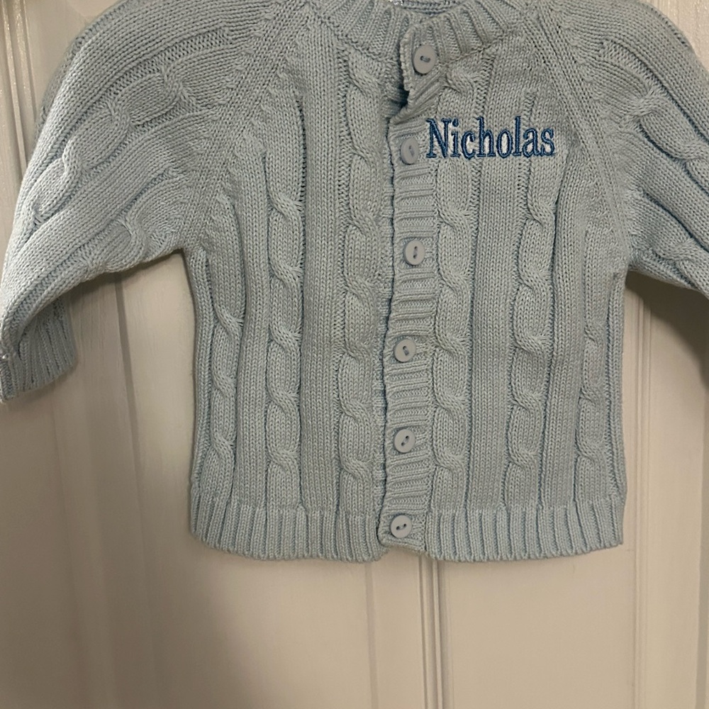 Blue Cable Knit Sweater with Nicholas Embroidered